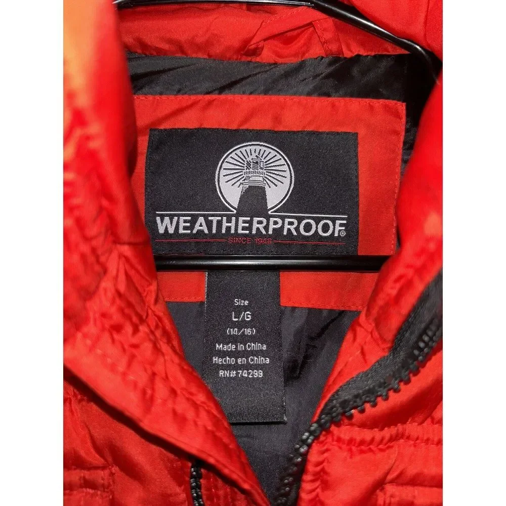 Weatherproof‎ Large 14/16 Warm Hooded Puffy Coat Vest Jacket Pockets Patch Hood